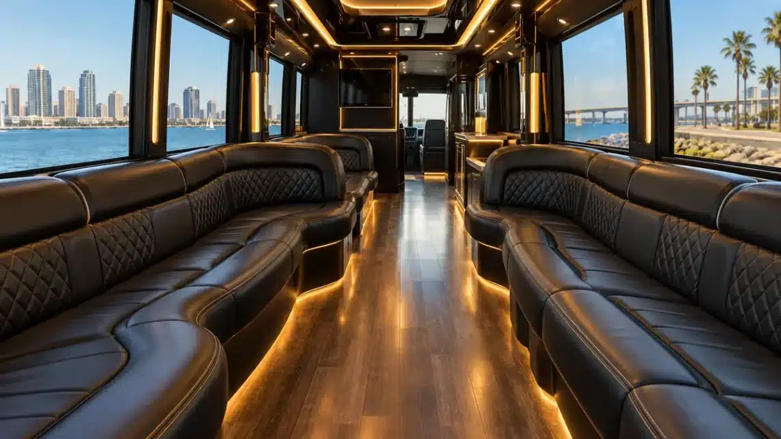 Black leather seating and gold lighting inside a luxury party bus for San Diego festival group transportation
