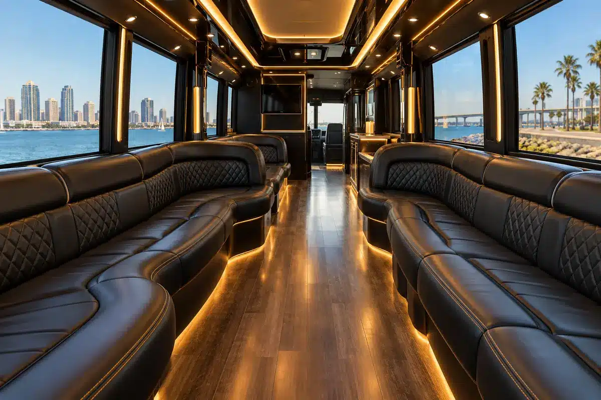 Black leather seating and warm gold lighting inside a luxury party bus for San Diego group transportation