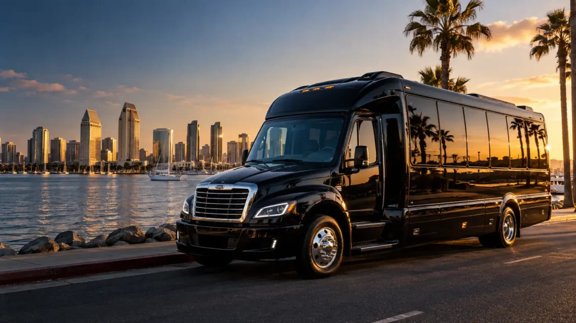 Luxury black party bus by San Diego Bay, illustrating San Diego Food and Wine Festival transportation